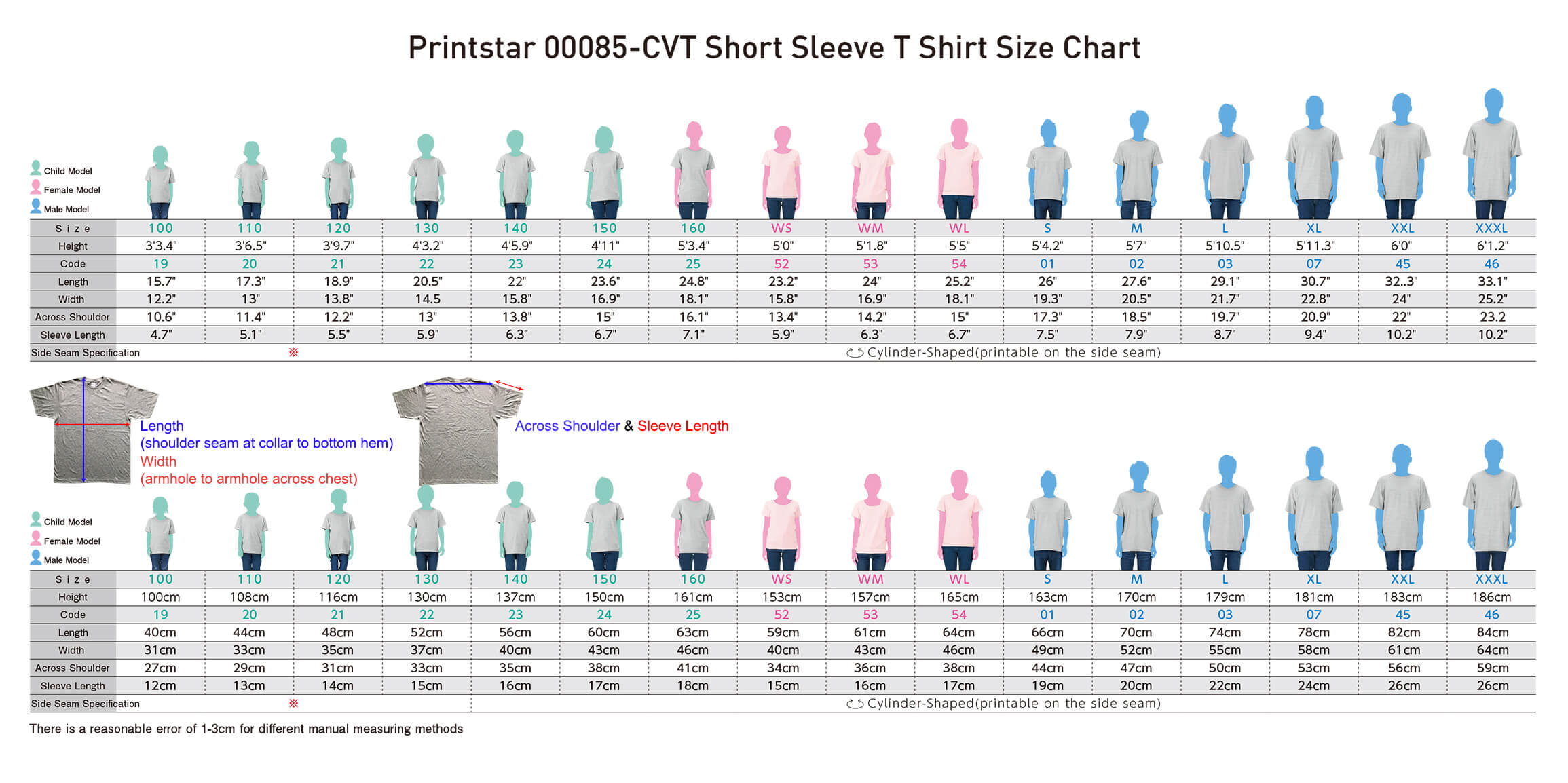 Printstar-00085-CVT-Short-Sleeve-T-Shirt-Size-Chart-inchcm