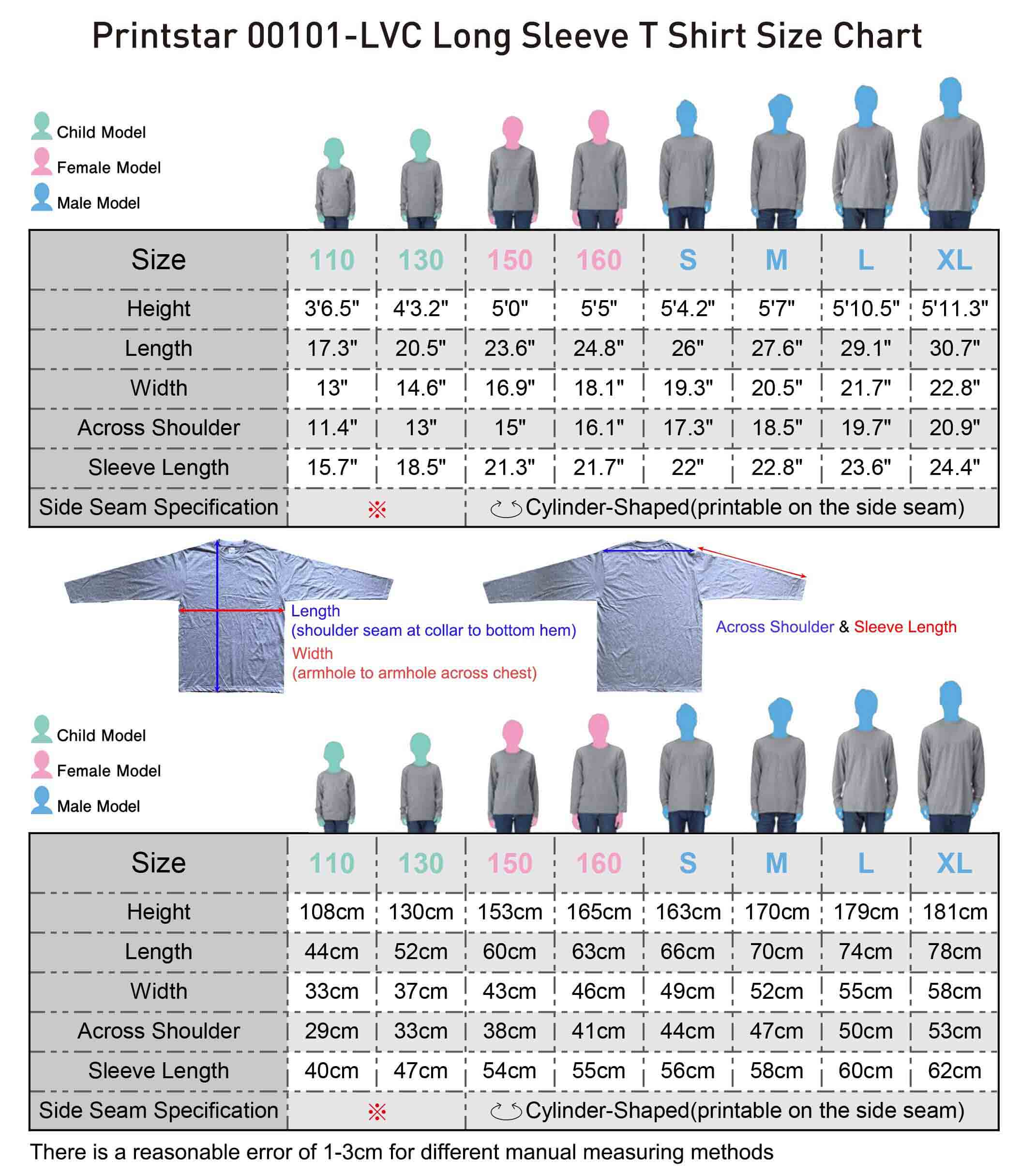 Printstar-00101-LVC-Long-Sleeve-T-Shirt-Size-Chart-inchcm-01