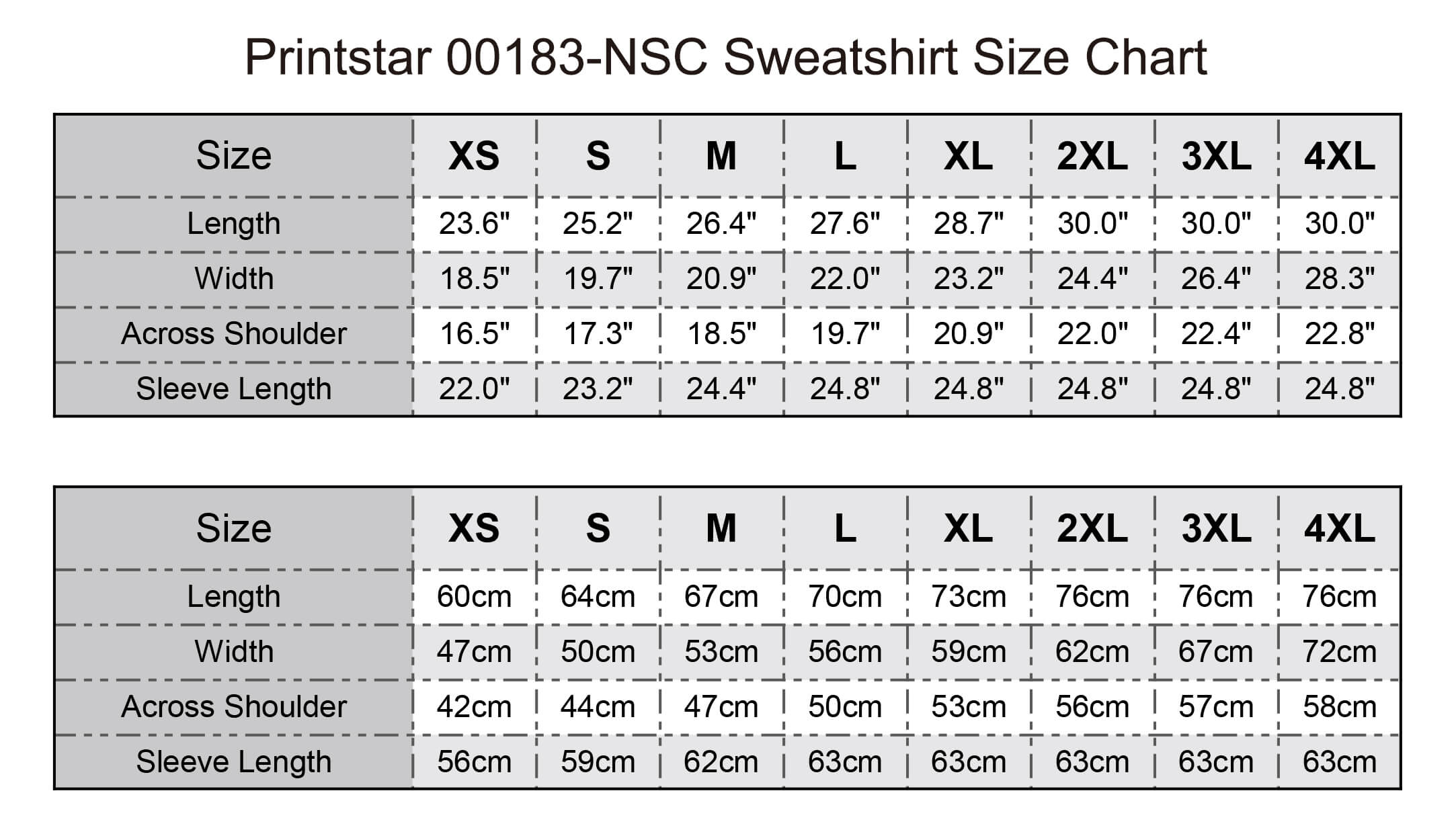 Sweatshirt Size Chart India