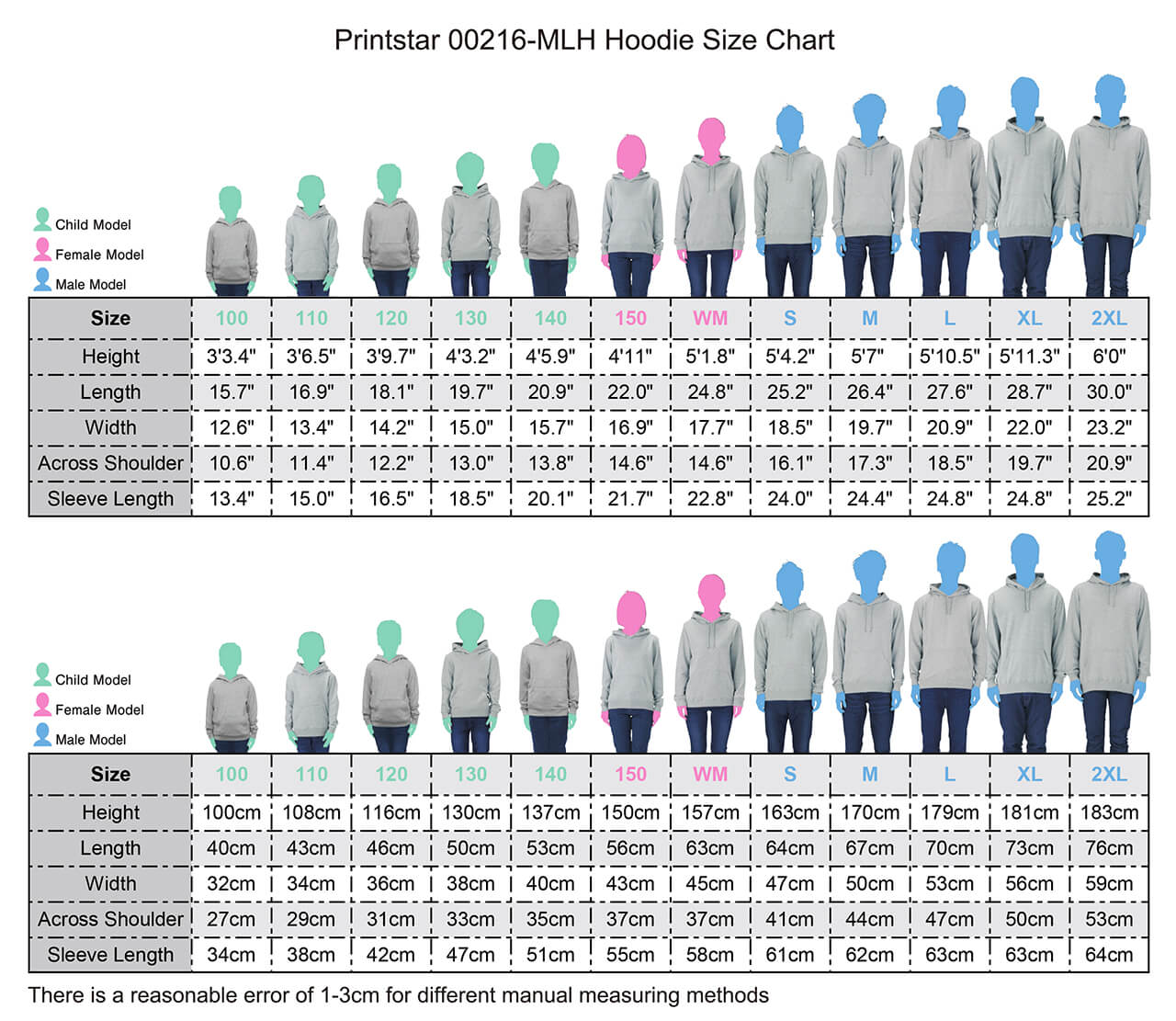 Printstar-00216-MLH-Hoodie-Size-Chart