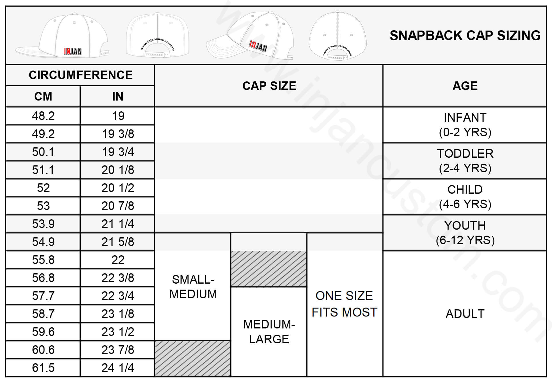 Snapback Size Chart