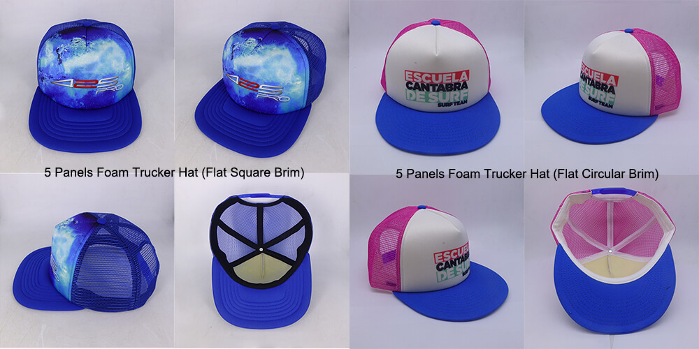 Flat-Square-Brim”-VS-“Flat-Circular-Brim”-5-Panels-Style-Trucker-Hats